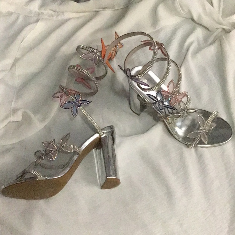 Silver butterfly strap heels